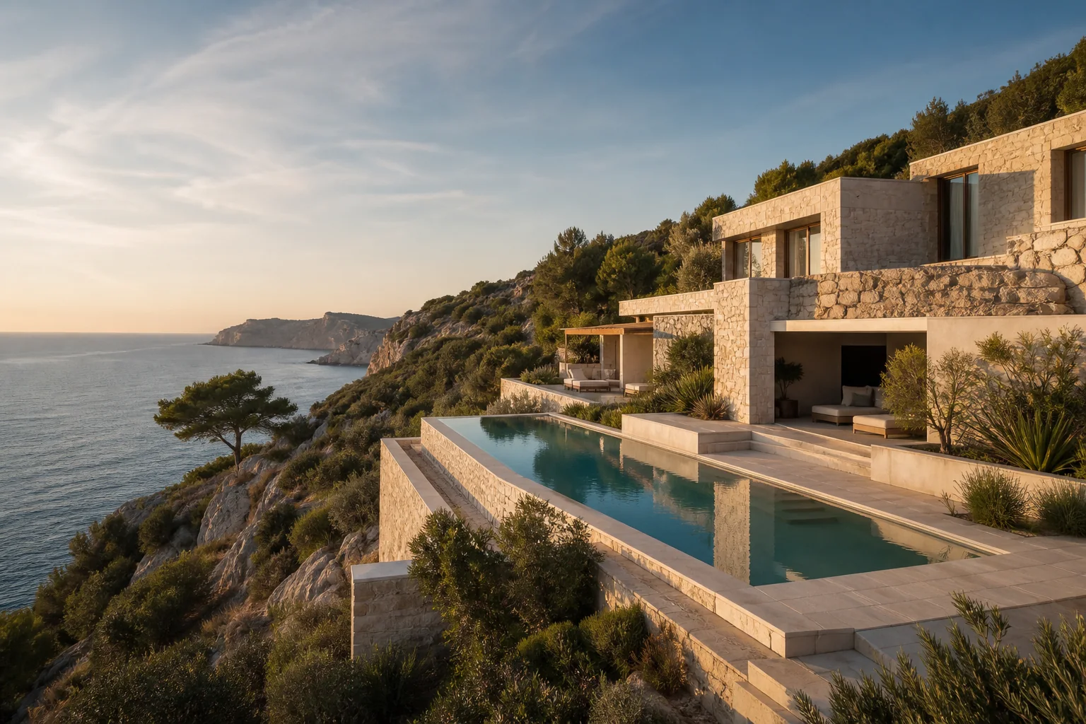 Villa contemporaine en pierre intégrée dans la côte de Cassis