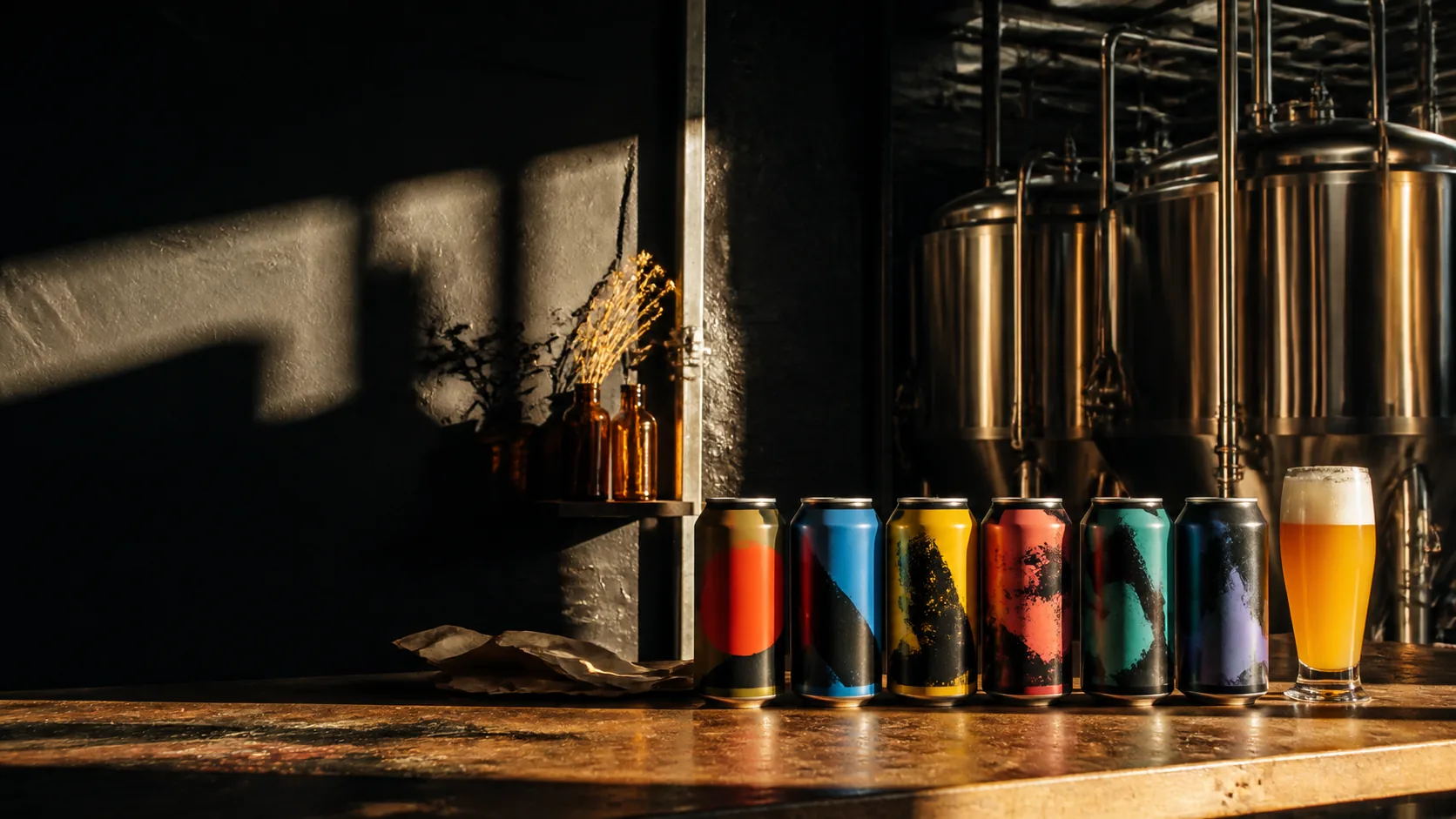 Canettes colorées et cuves de la brasserie