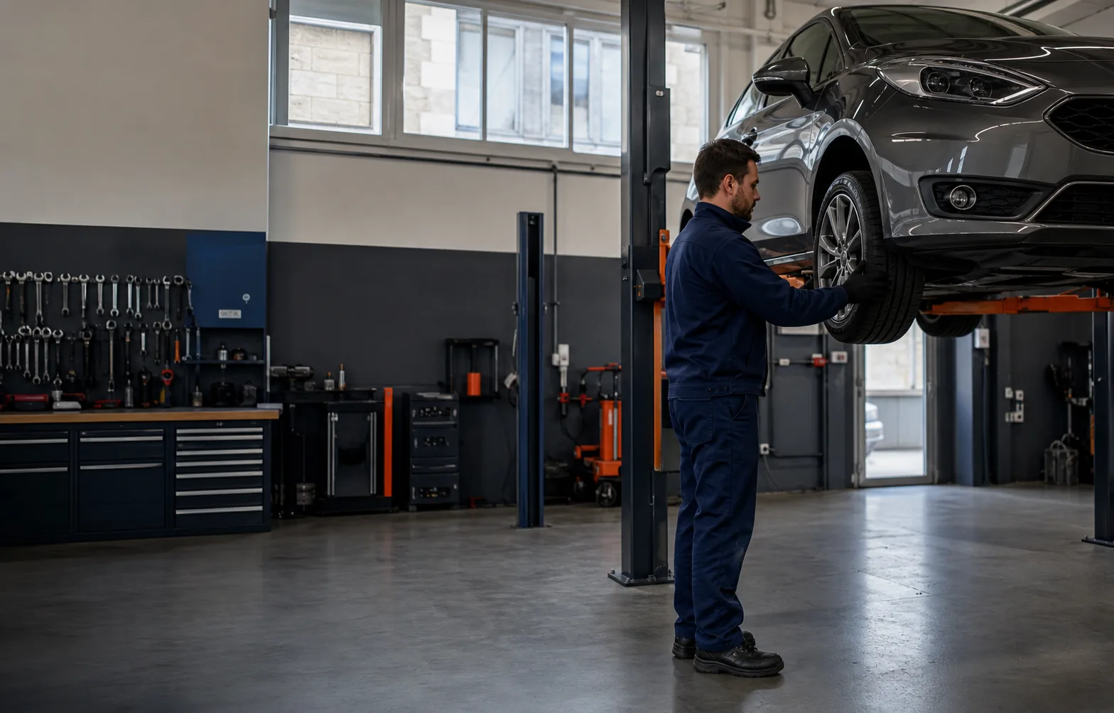 Atelier automobile lumineux avec une voiture sur pont