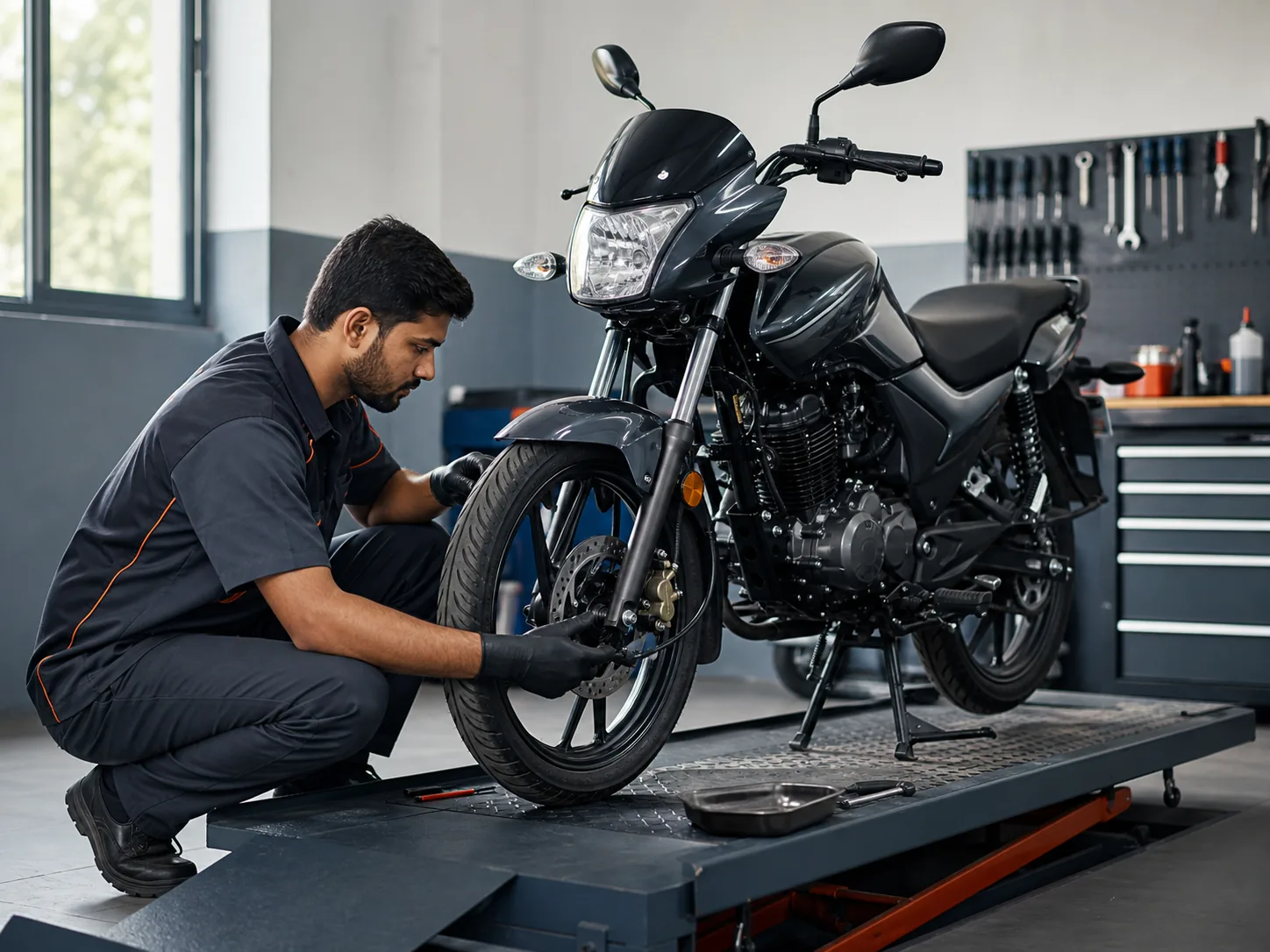 Entretien d’une moto dans un atelier
