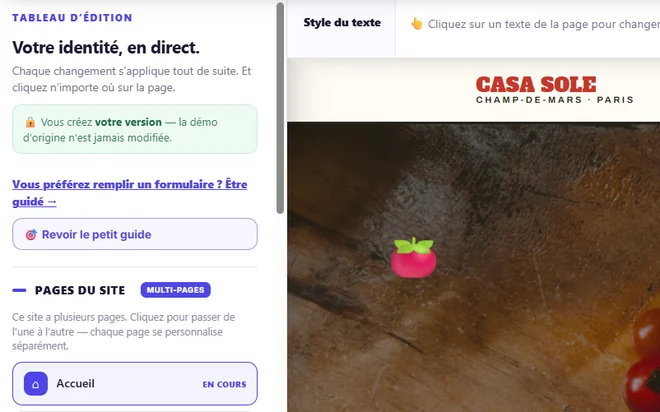 Le tableau d’édition et la liste des pages du site