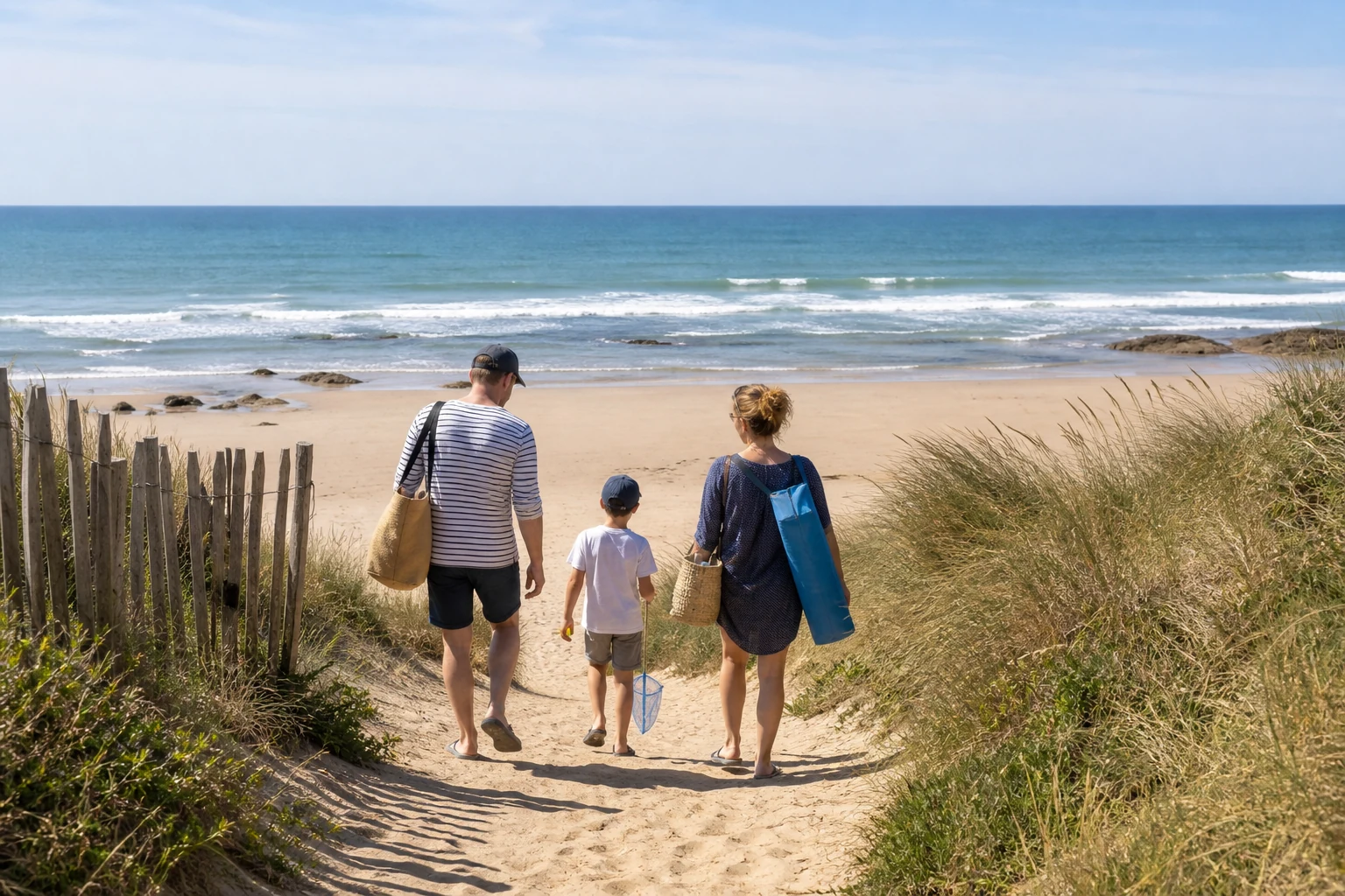 Chemin familial vers la plage atlantique