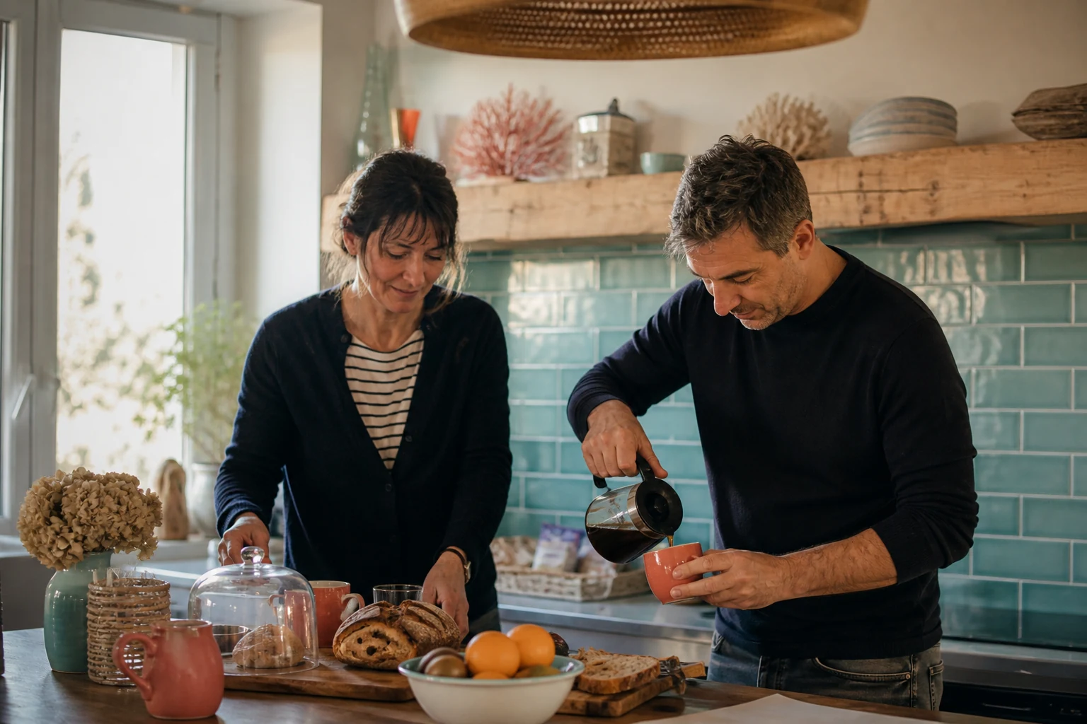 Claire et Mathieu préparent le petit déjeuner dans la cuisine