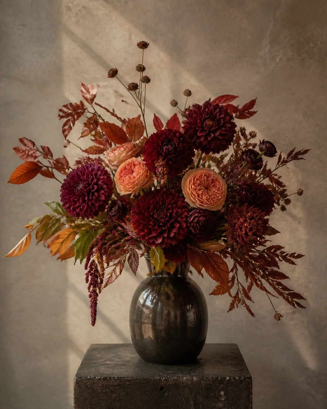 Bouquet bordeaux et abricot
