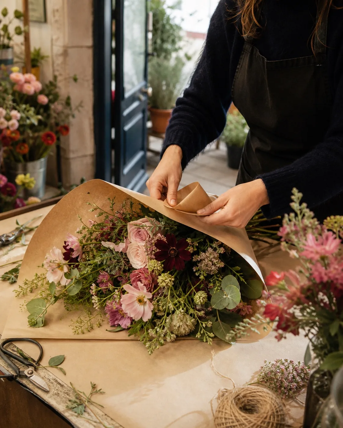 Fleuriste emballant un bouquet de fleurs de saison dans sa boutique