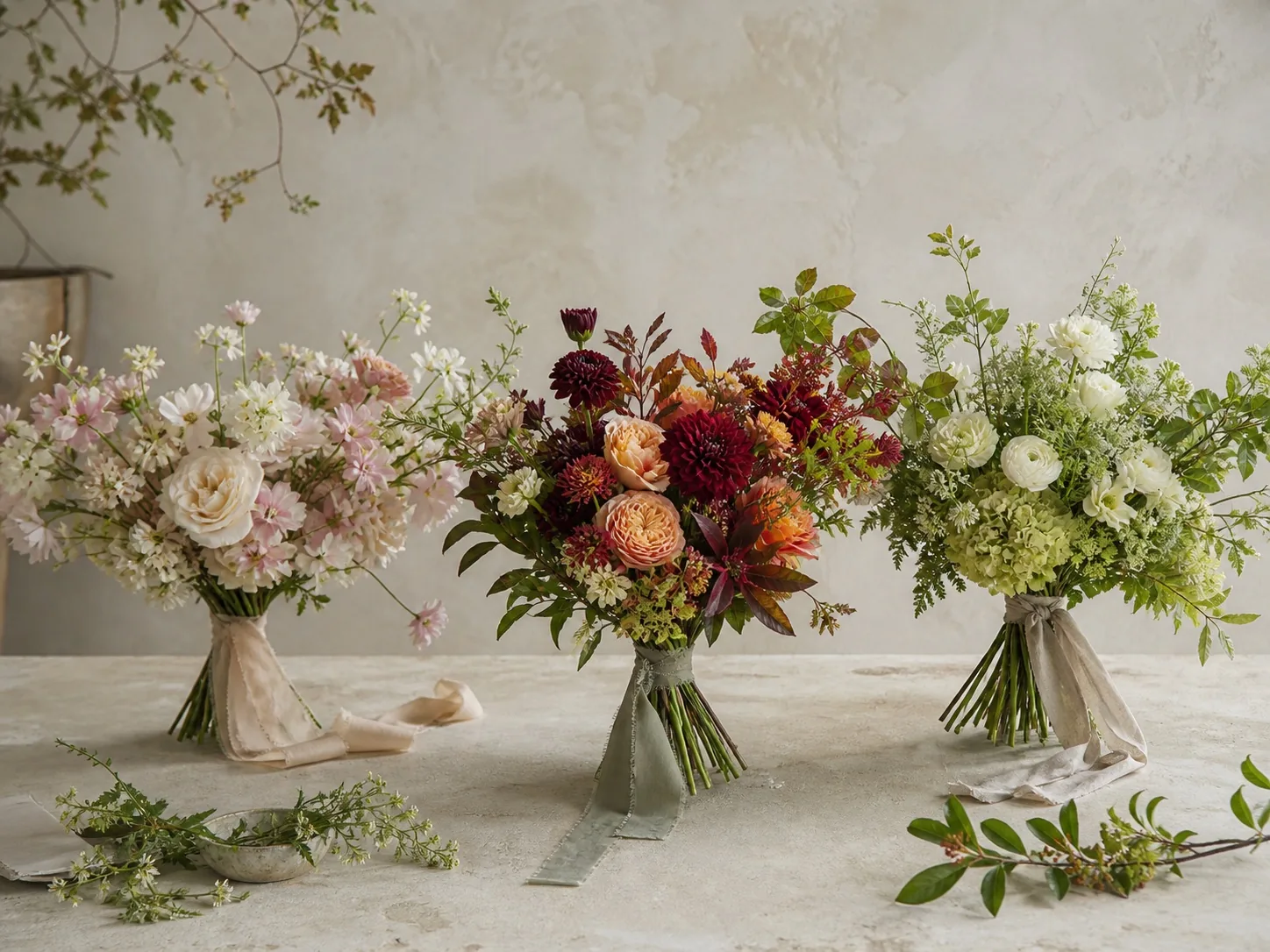 Trois bouquets de la collection Maison Pétale