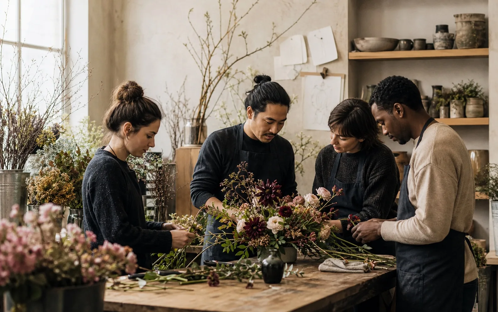Fleuristes réunis autour d’une composition dans l’atelier