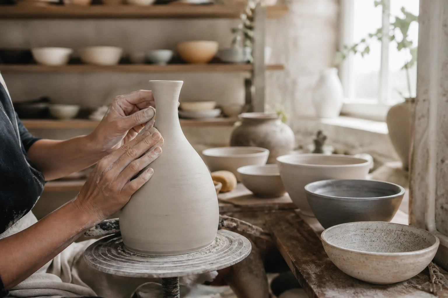 Artisane façonnant un vase en céramique dans son atelier