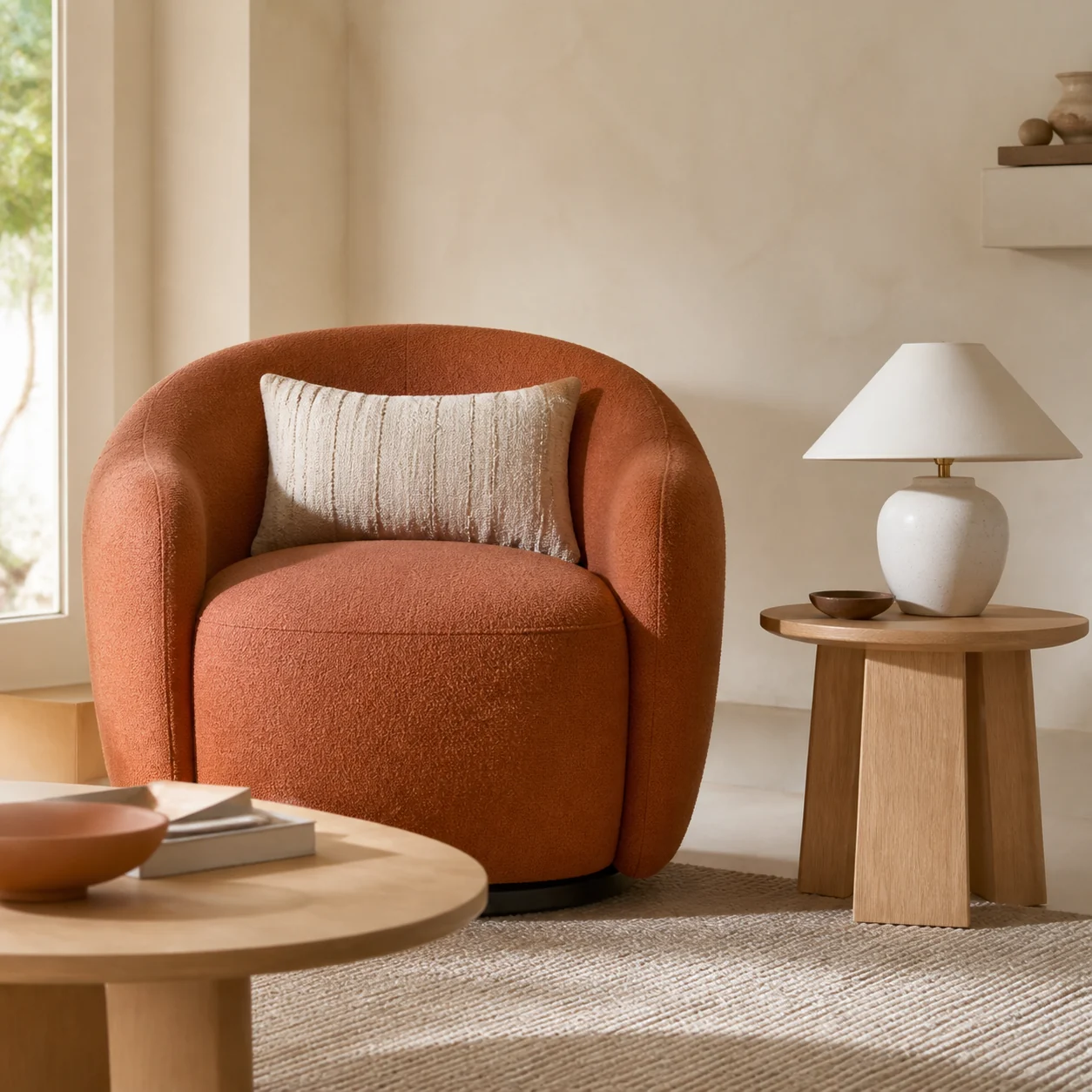 Fauteuil terracotta dans un salon clair