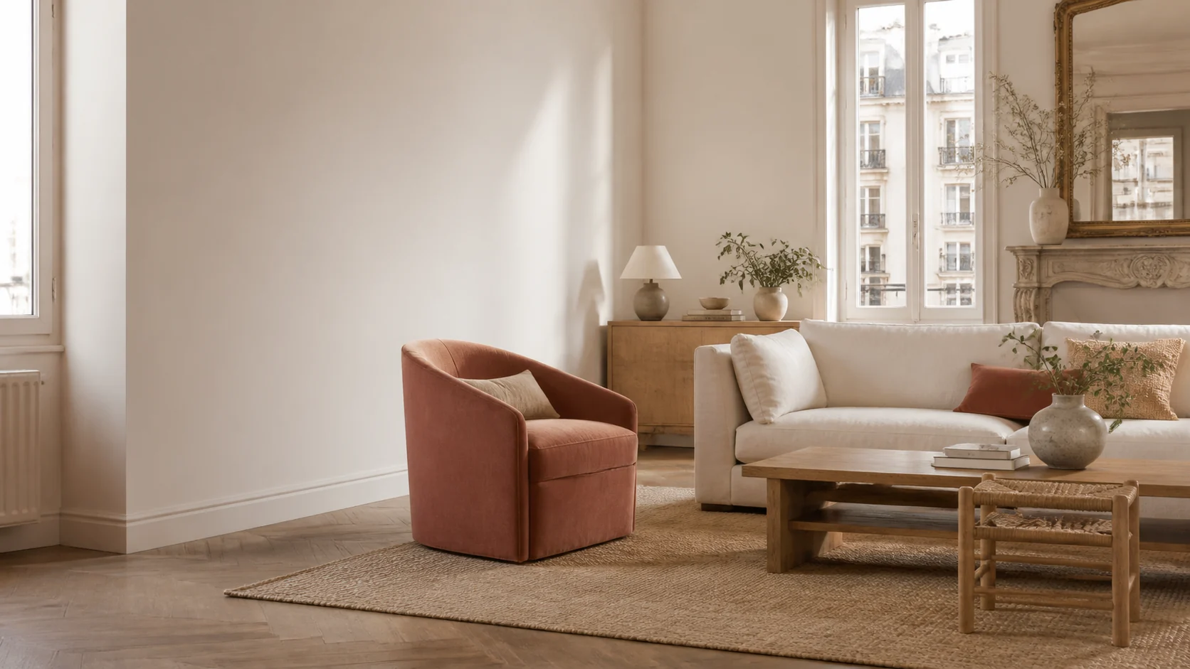 Salon lumineux aménagé avec un fauteuil terracotta, un canapé clair et une table basse en bois