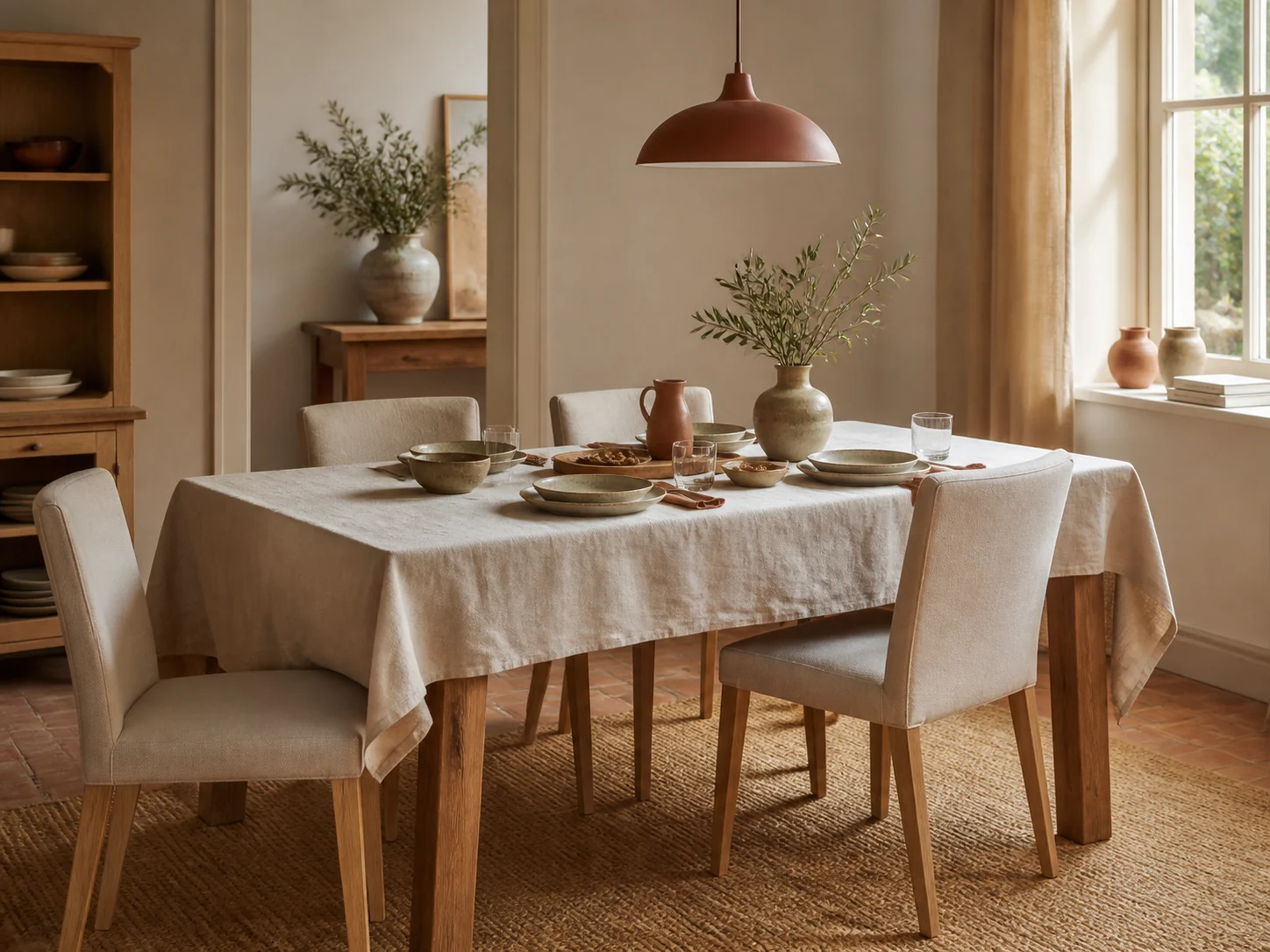 Table conviviale dressée avec de la vaisselle artisanale