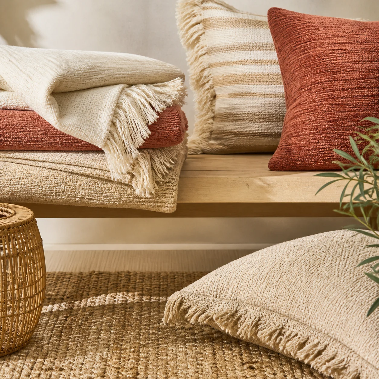 Coussins et plaids aux tons naturels et terracotta