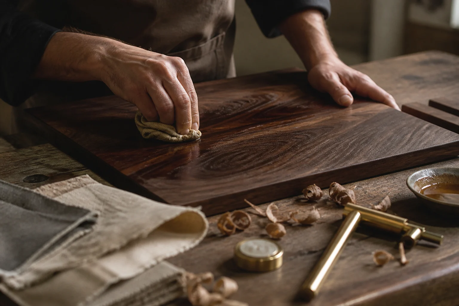 Finition artisanale d’un plateau en noyer