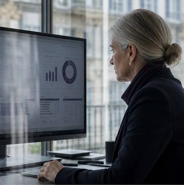Consultante analysant un tableau de données