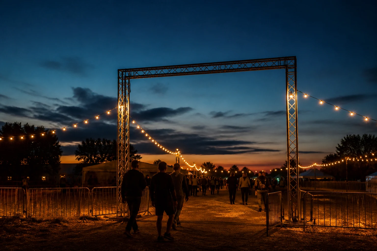 Accès et entrée du site du festival au crépuscule