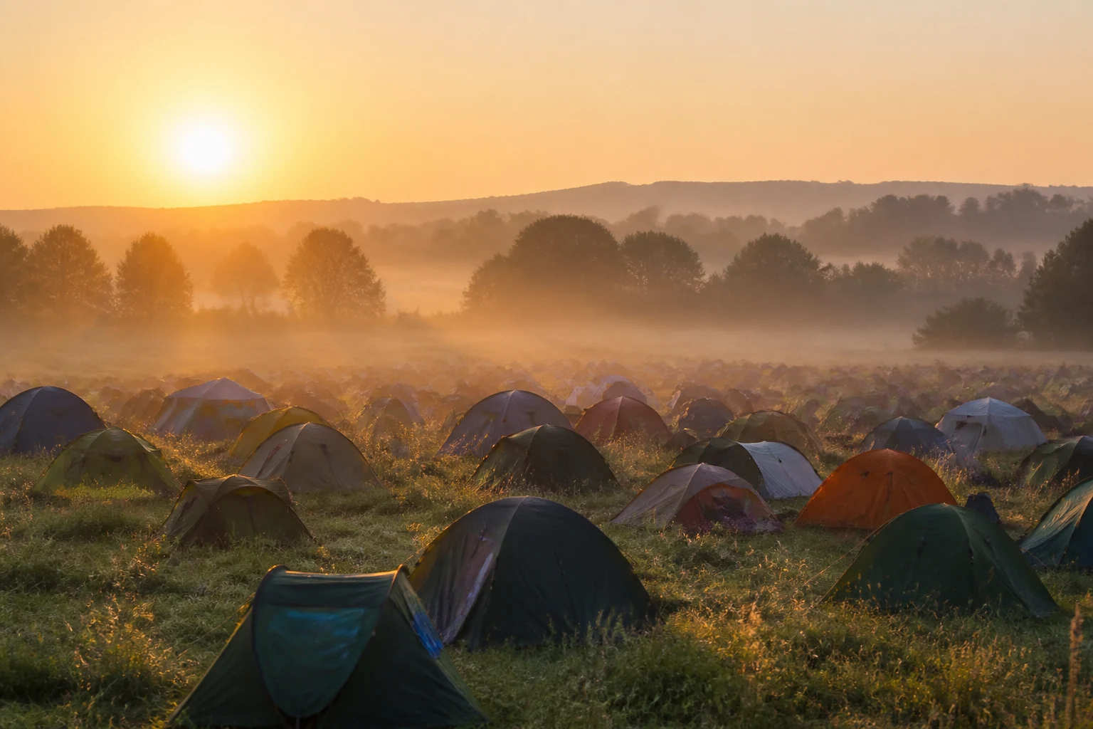 Tentes de camping alignées au lever du soleil