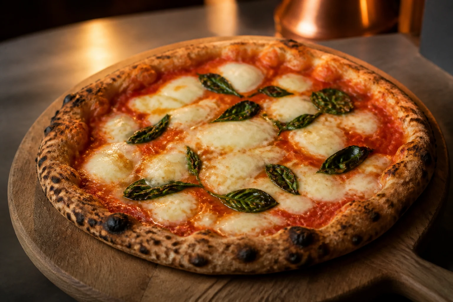 Pizza margherita tout juste sortie du four à bois
