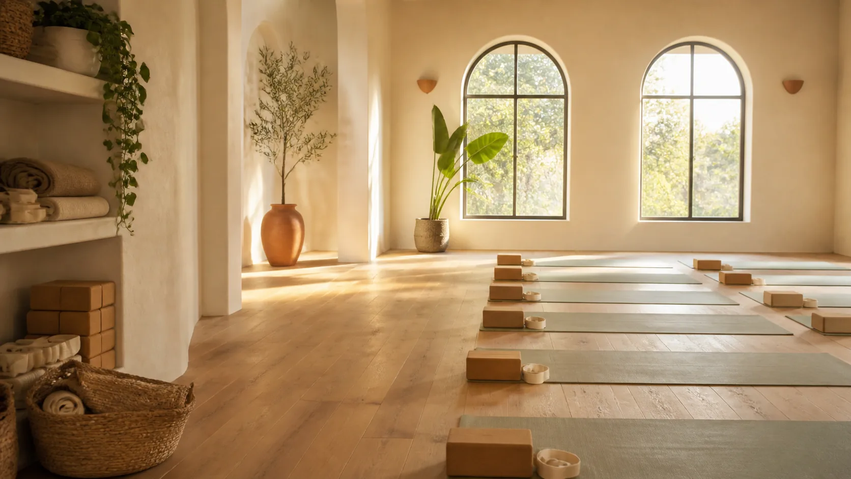 Salle claire de Prāna Studio avec tapis et accessoires