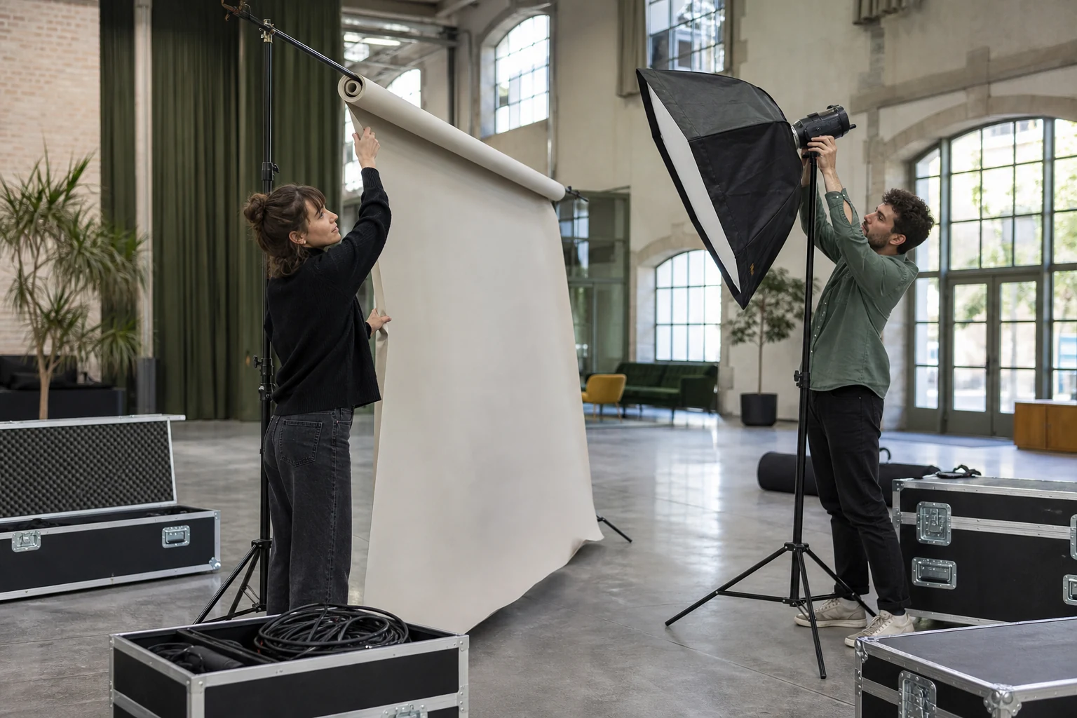 Équipe Studio Flux préparant les lumières avant un événement