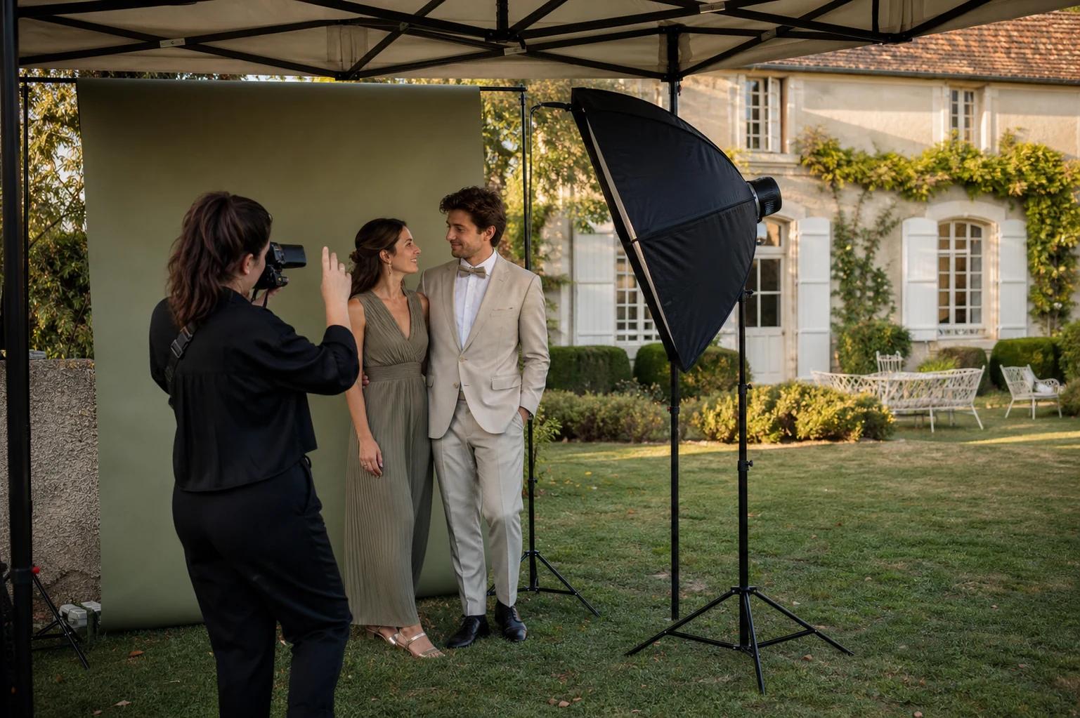 Studio portrait installé dans le jardin d'un lieu de réception