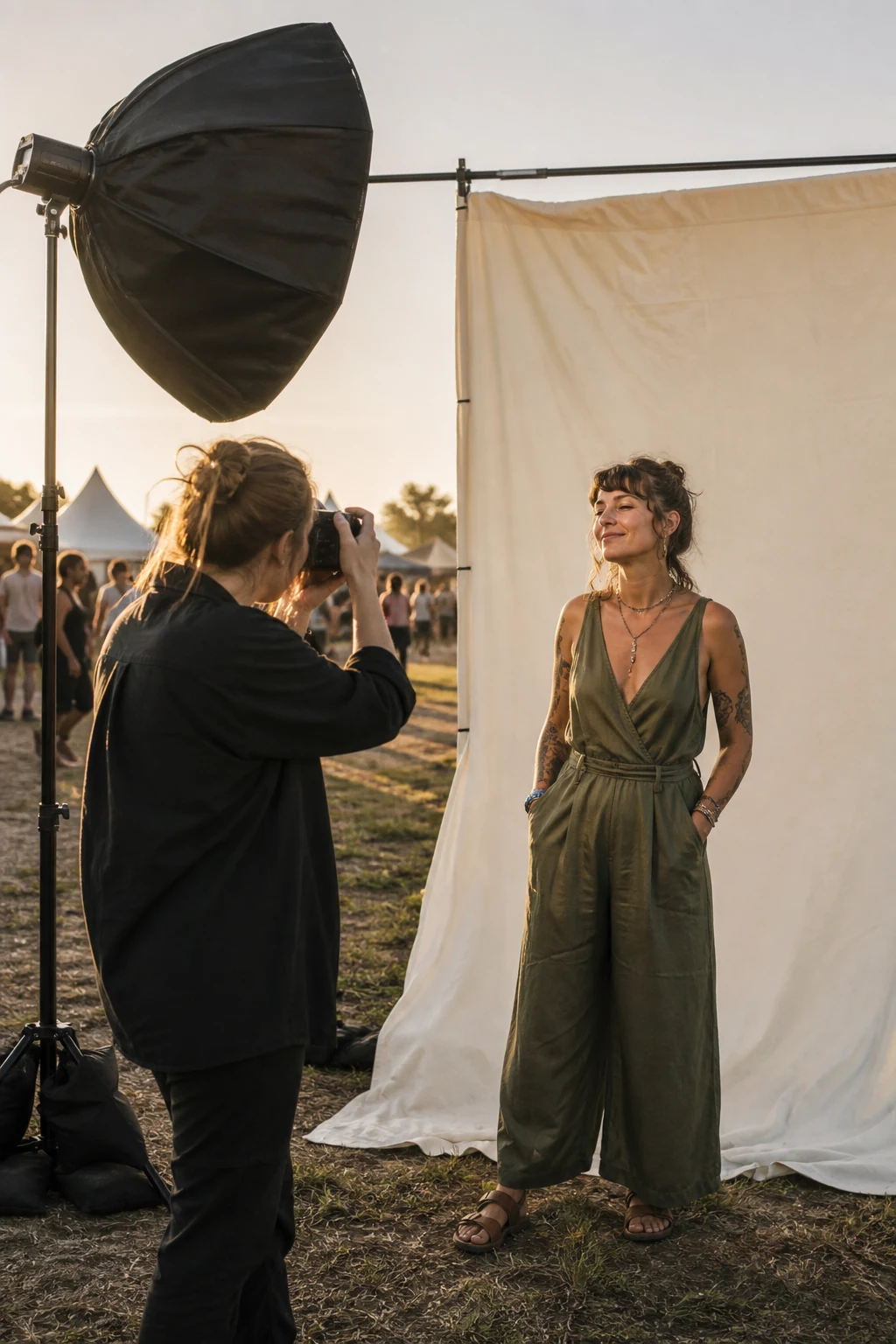 Photographe dirigeant une séance portrait pendant un festival
