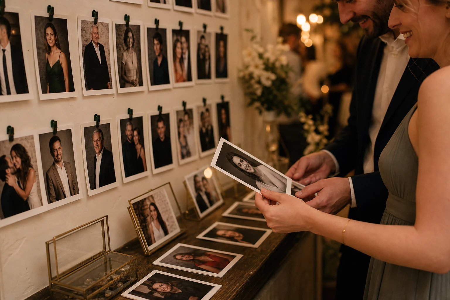 Invités découvrant les portraits imprimés pendant leur soirée