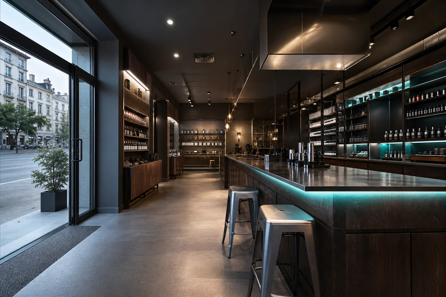 Boutique Atelier 510 à Grenoble, comptoir en métal et bois sombre