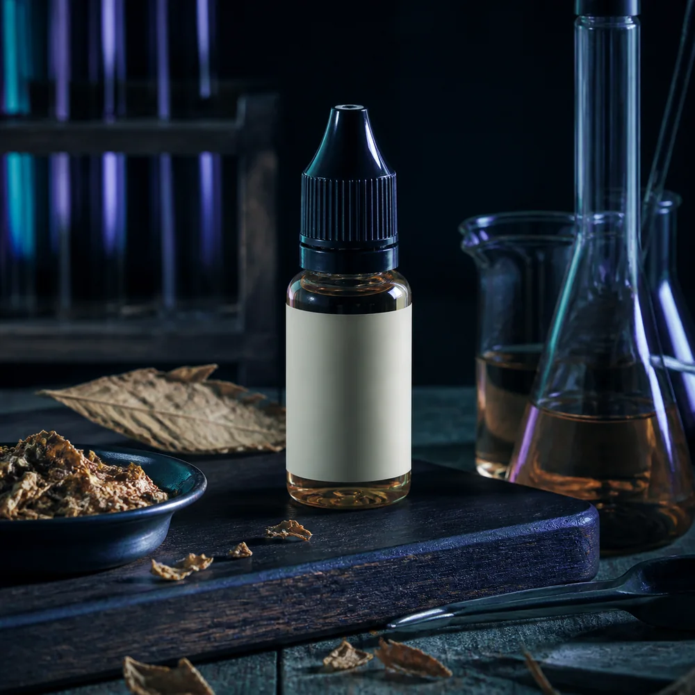 Flacon d’e-liquide sobre sur fond technique