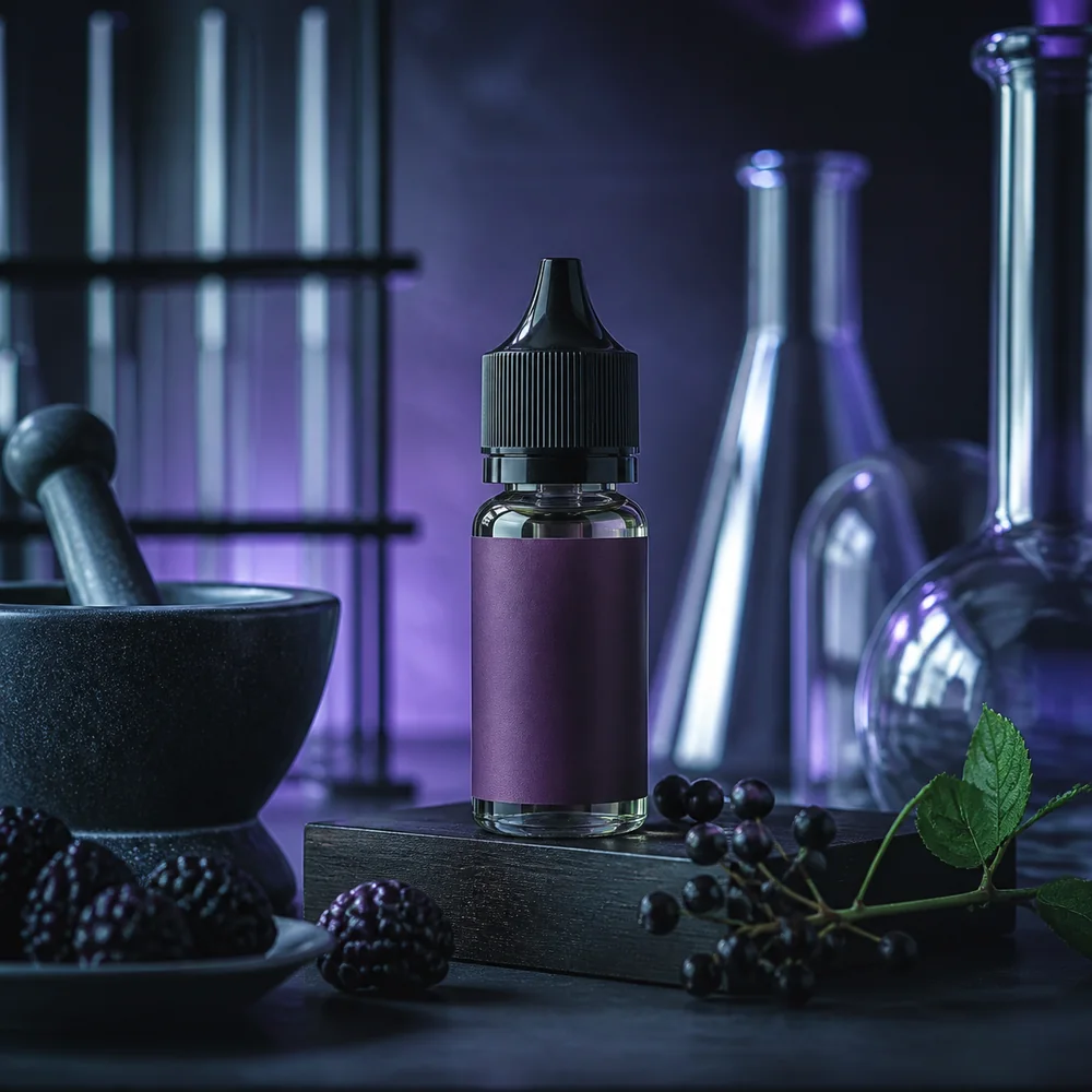 Flacon d’e-liquide fruité présenté sans codes enfantins