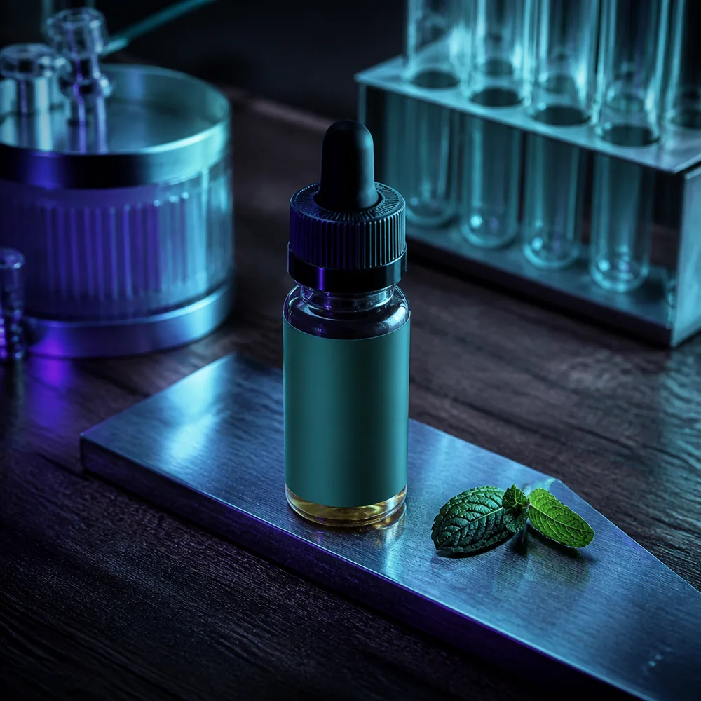 Flacon d’e-liquide mentholé dans une lumière froide
