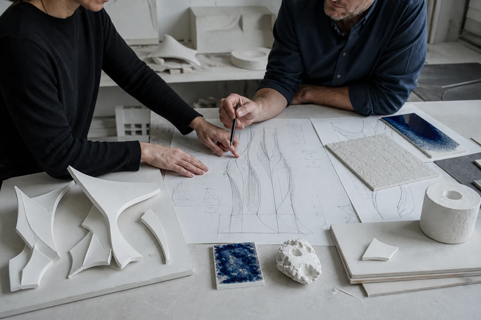 Réunion de conception autour d’échantillons de porcelaine
