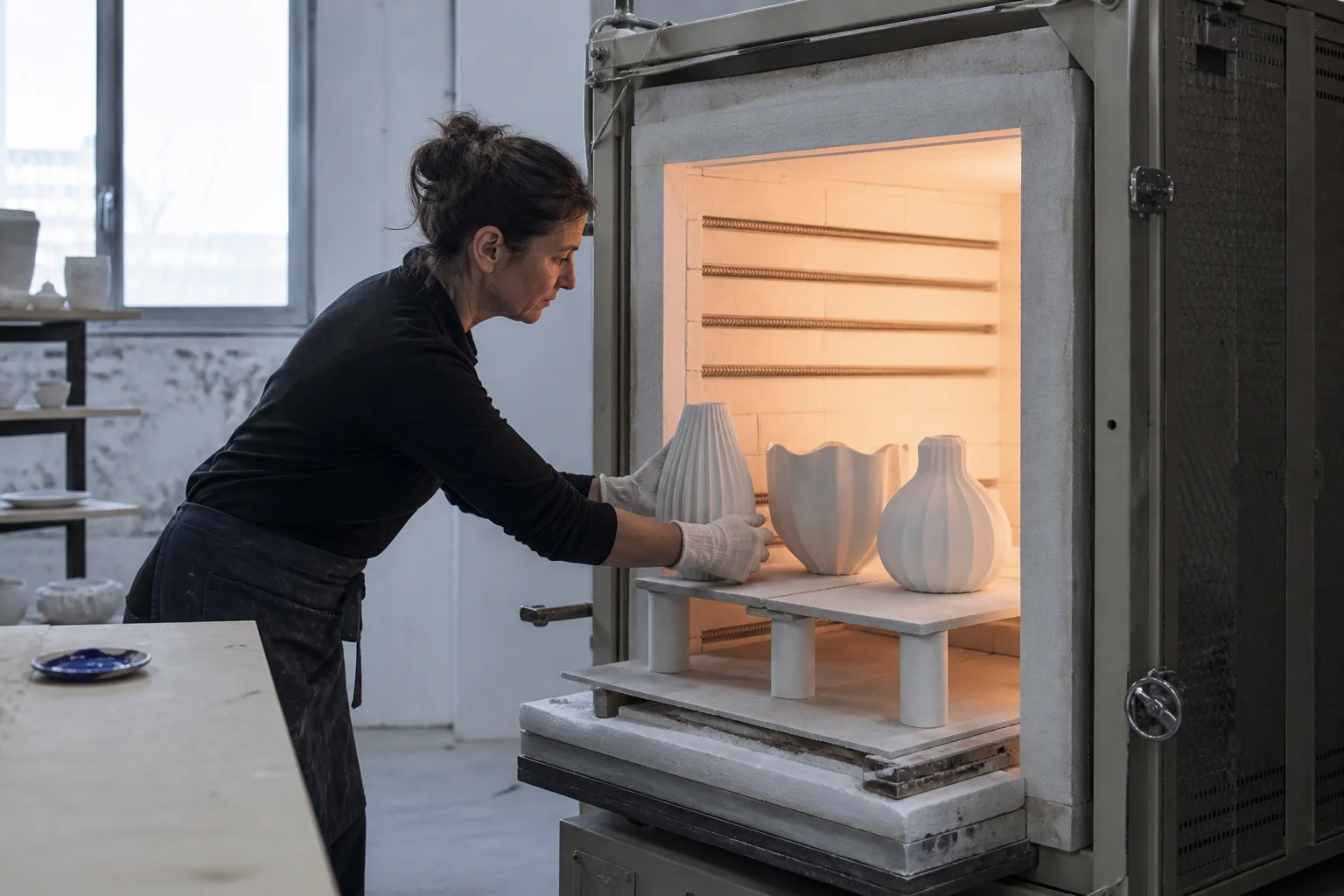 Chargement du four de porcelaine