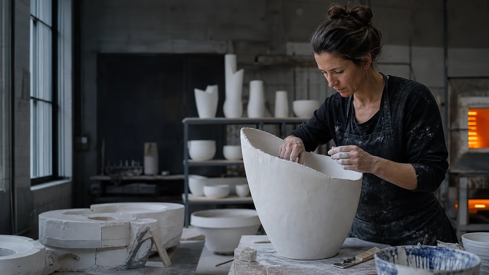 Artisan d’art façonnant une grande pièce de porcelaine dans son atelier