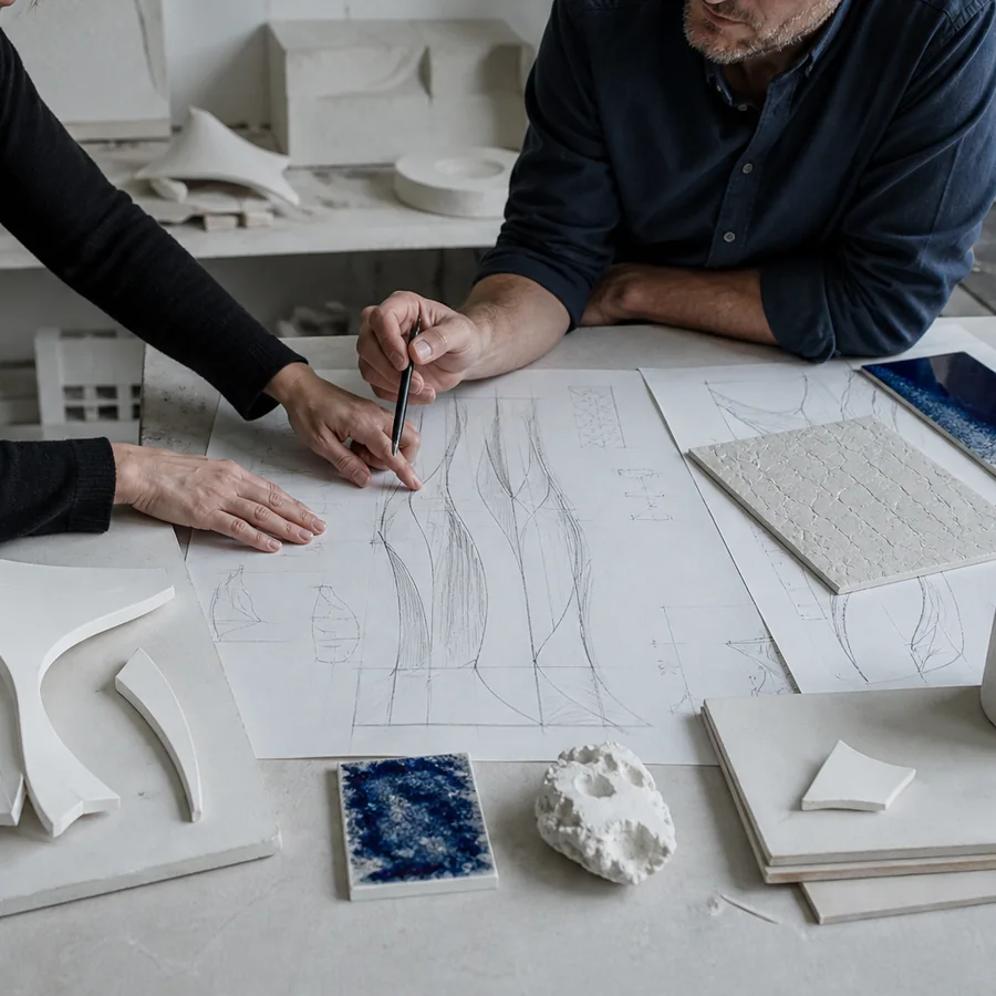 Échantillons et dessin d’une œuvre murale en porcelaine