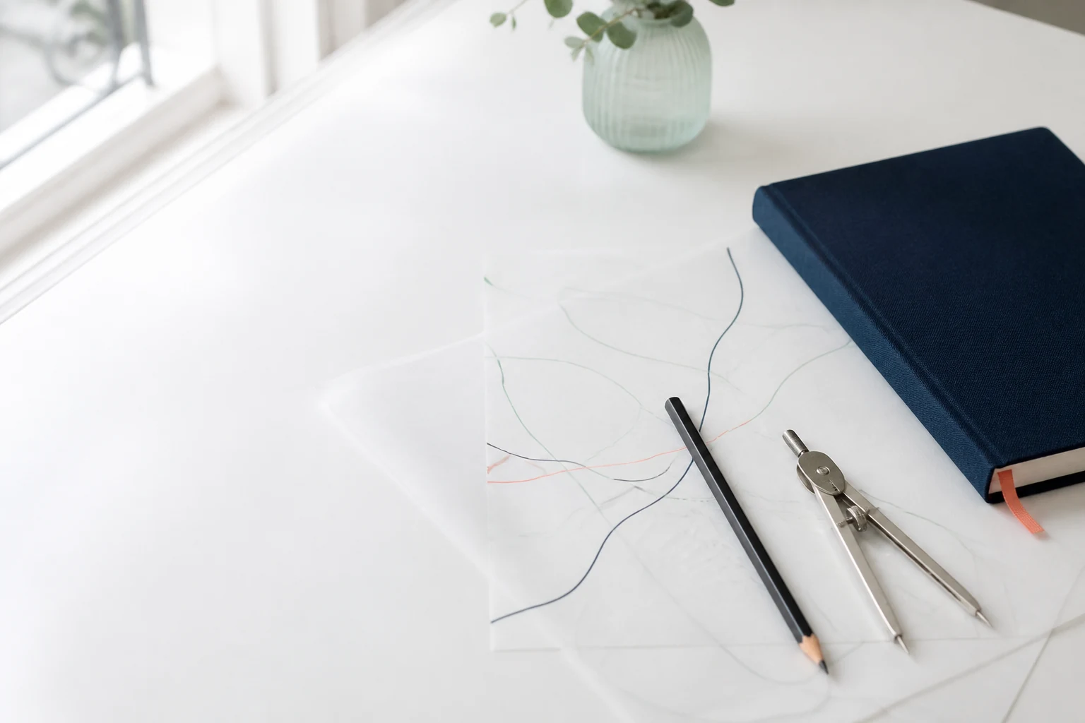 Carnet, calque et compas disposés sur une table claire
