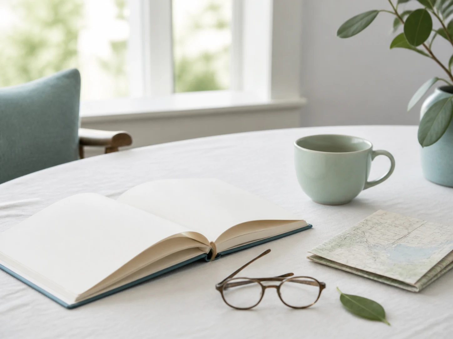 Carnet ouvert, lunettes et carte sur une table lumineuse