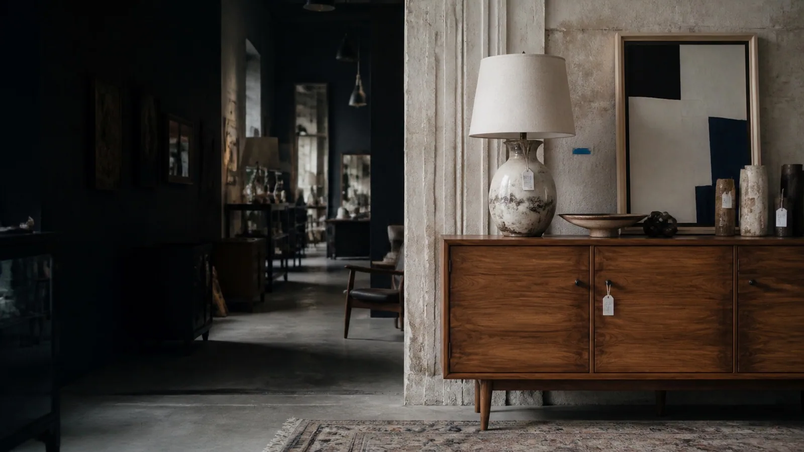 Intérieur de la boutique Beau Hasard, buffet en noyer et objets anciens