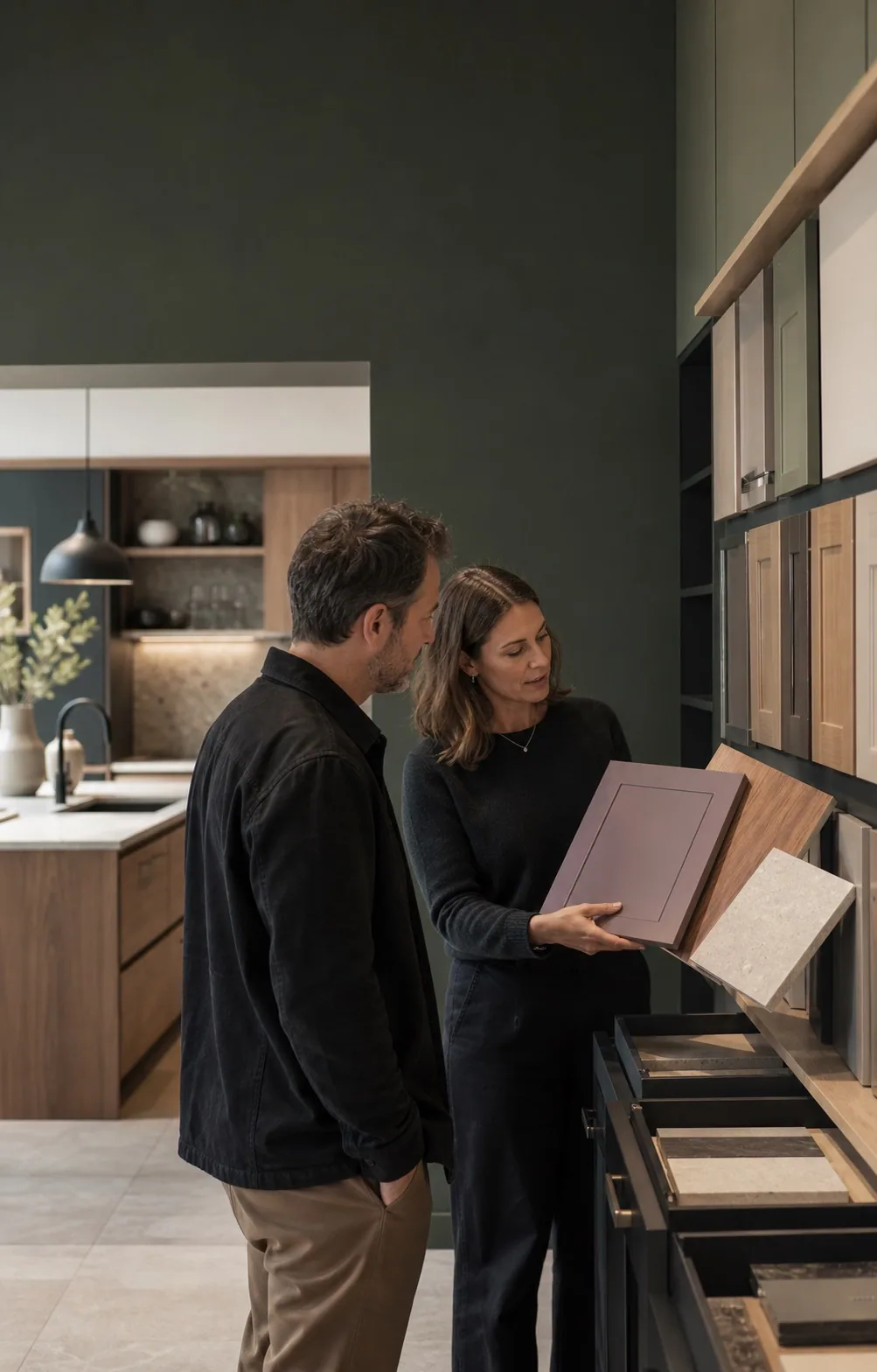 Conseil devant les échantillons au showroom