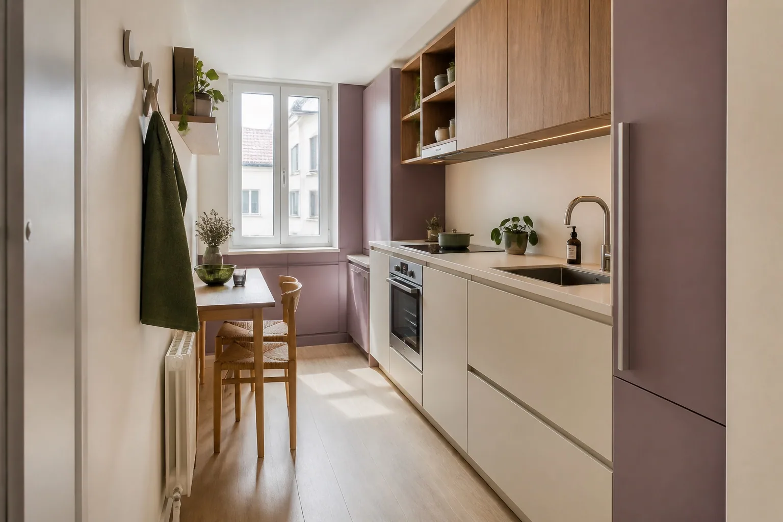 Petite cuisine linéaire claire et lilas