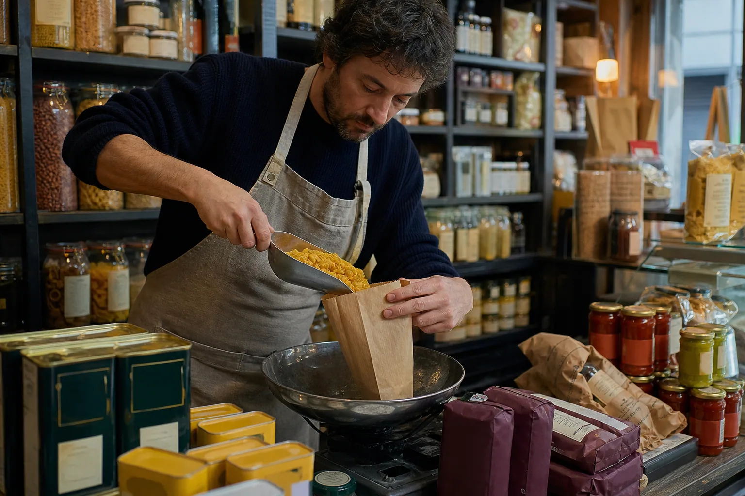 Une épicière pèse des pâtes au comptoir