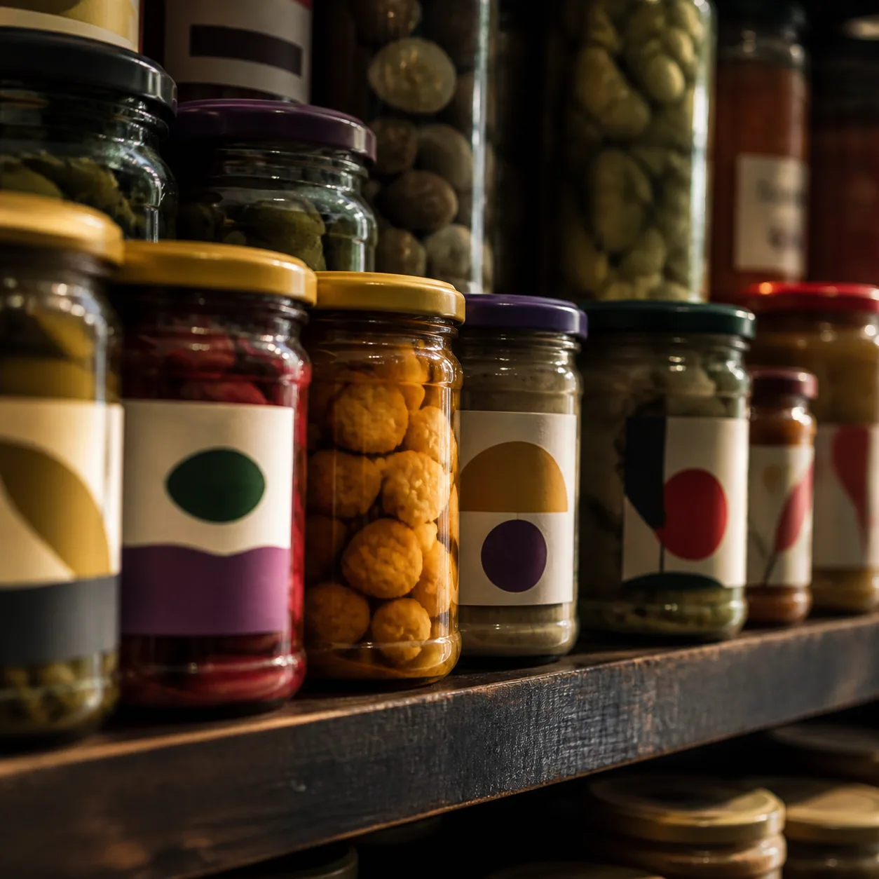 Bocaux colorés de légumes et condiments