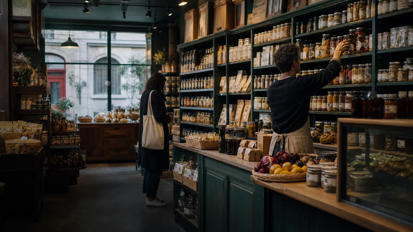 Une cliente et une épicière parmi les rayons de la boutique