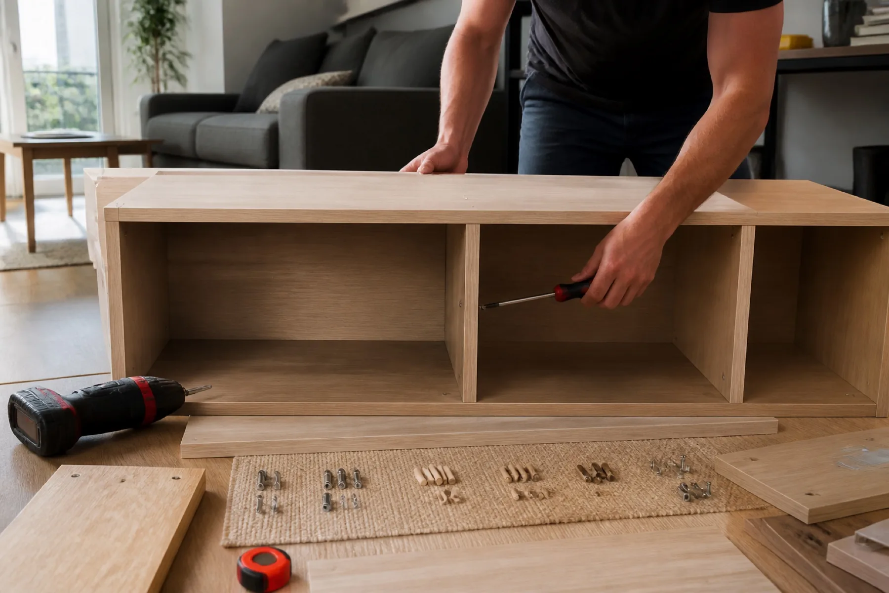 Mains assemblant proprement un meuble en kit dans un séjour habité