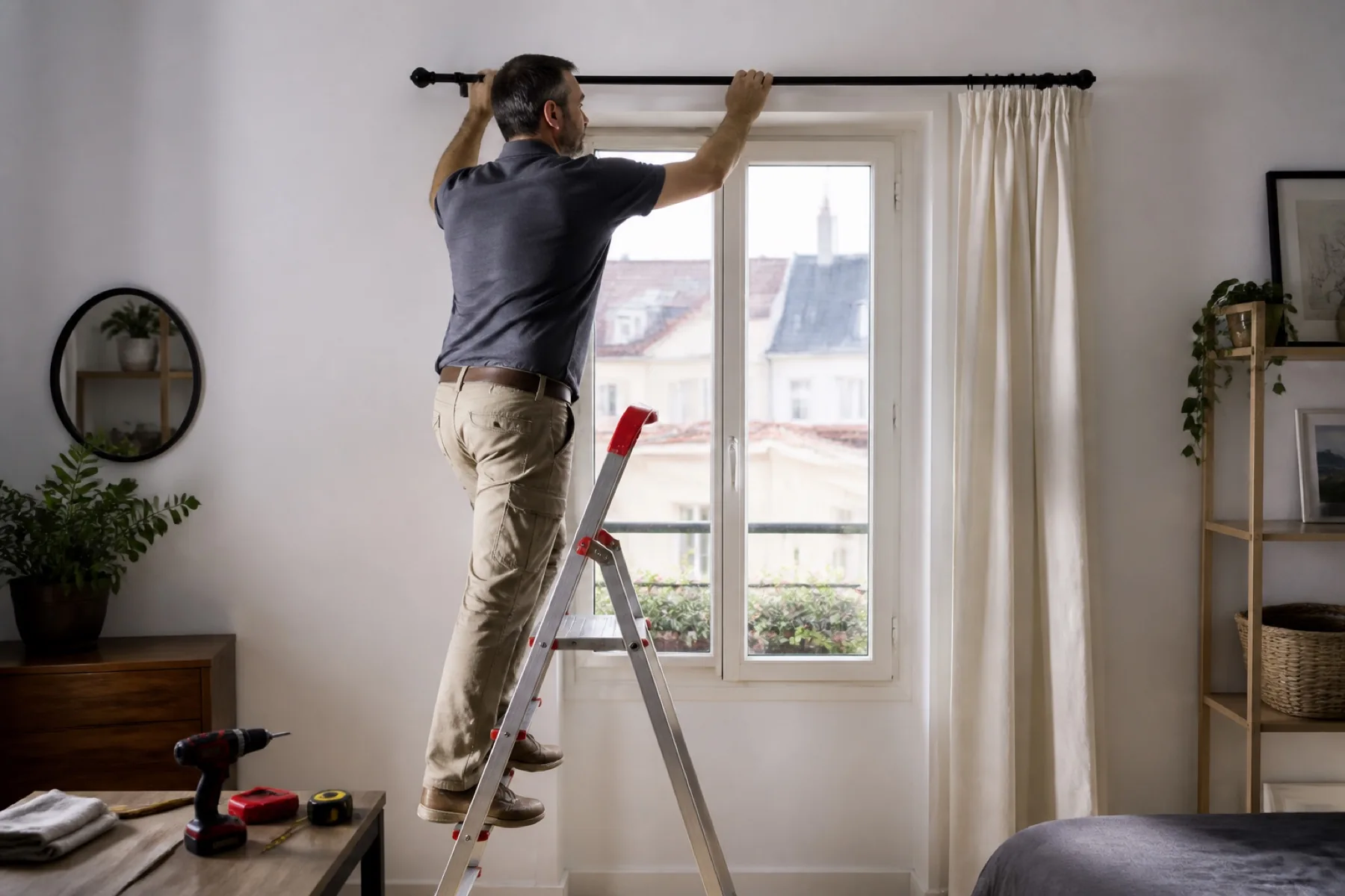 Tringle à rideaux correctement posée dans un intérieur lumineux
