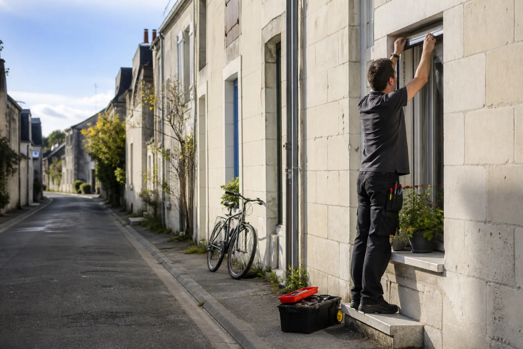 Rue résidentielle calme d’Angers sans enseigne ni plaque lisible