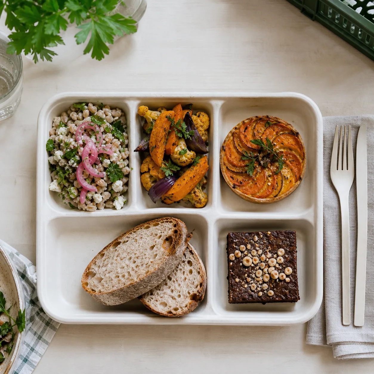 Plateau-repas complet dans des compartiments