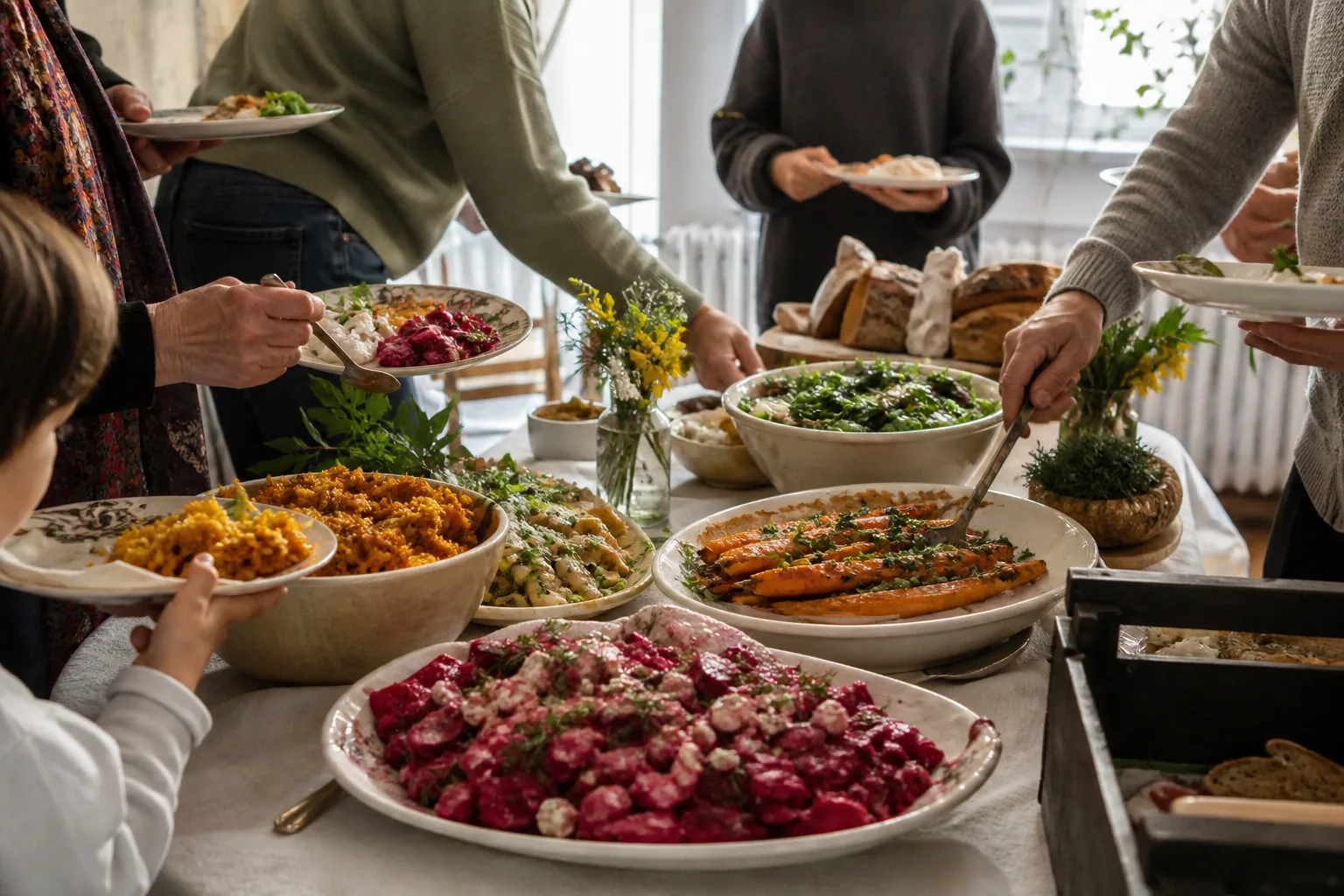 Repas de famille avec plats à partager