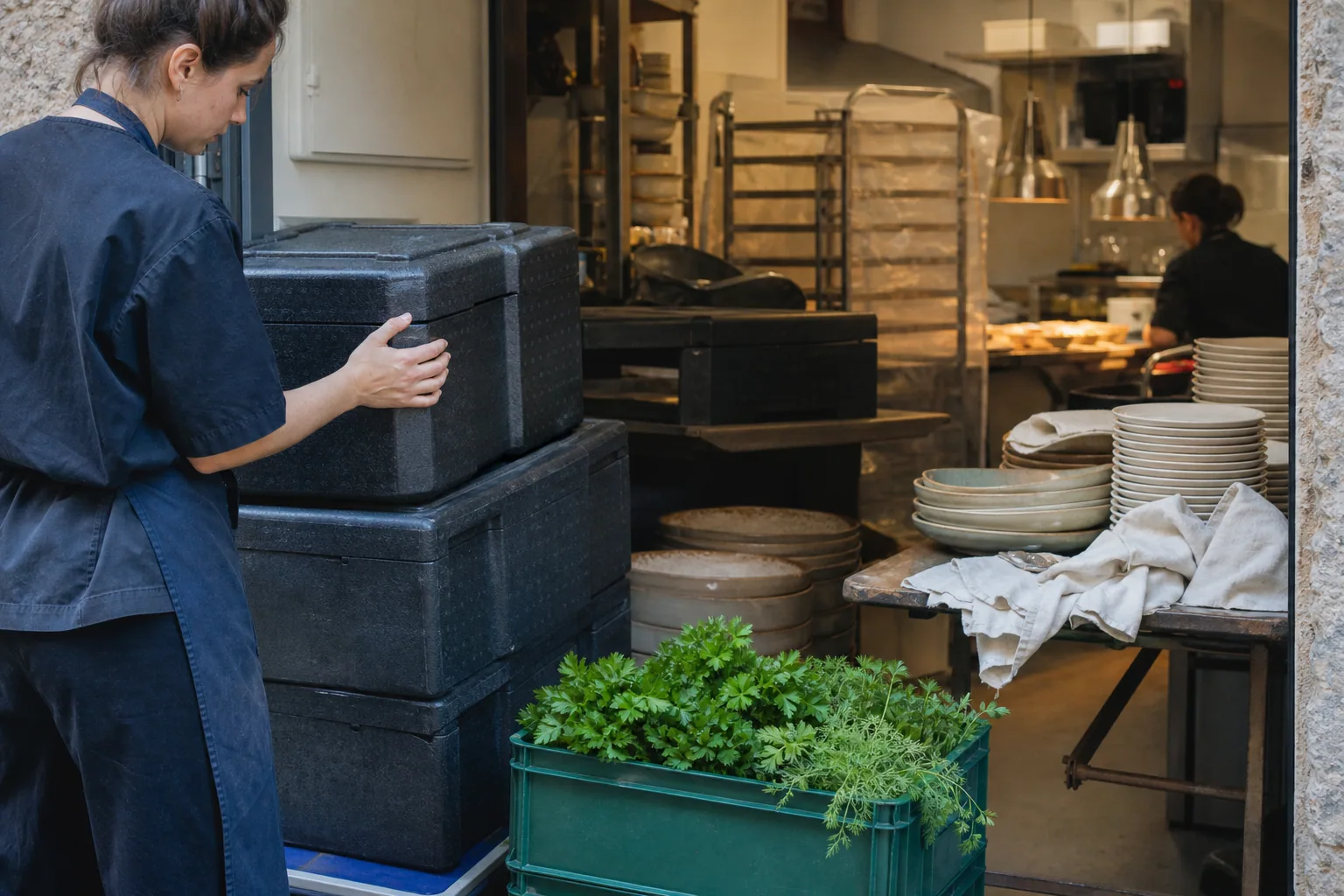 Caisses réutilisables et plats organisés pour une livraison
