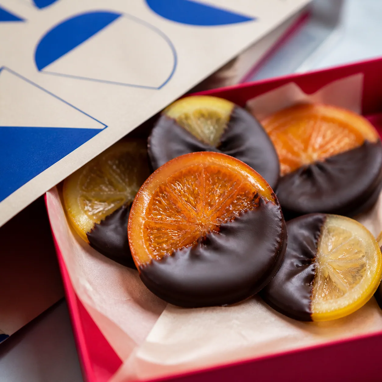 Rondelles d'agrumes confites enrobées de chocolat