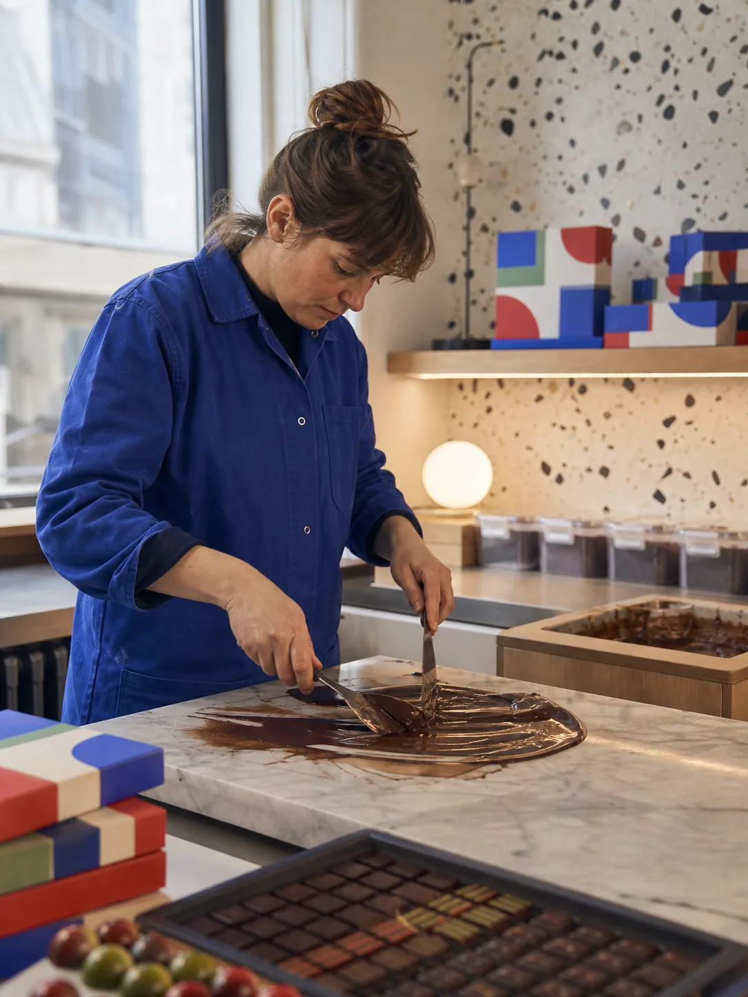 Ana tempère du chocolat sur un marbre